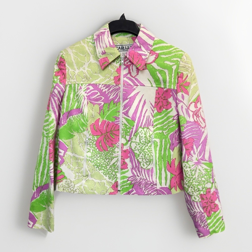 Vintage CARLISLE Womens‎ 6 Cotton Blend Zip Up Green Pink Floral Jacket Pockets